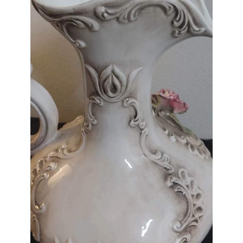 Vintage Capodimonte Italy Porcelain Floral Pitcher Vase Crowned N Rose Large 14